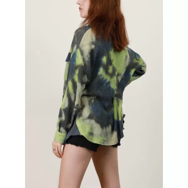 chouyatou Womens Loose Fit Batwing Sleeve Waffle Knit Button Down Shirt Shacket TopsTiedye Green