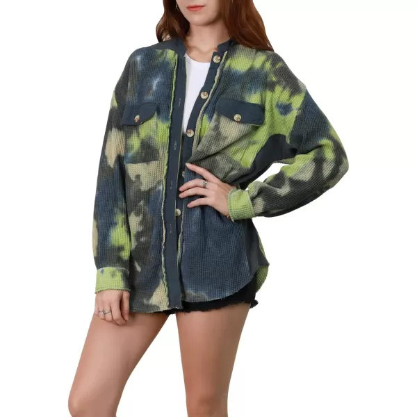 chouyatou Womens Loose Fit Batwing Sleeve Waffle Knit Button Down Shirt Shacket TopsTiedye Green
