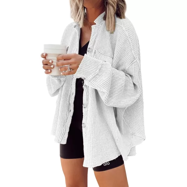 chouyatou Womens Loose Fit Batwing Sleeve Waffle Knit Button Down Shirt Shacket TopsWhite