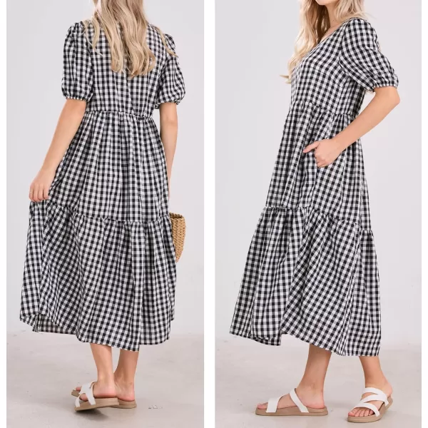 chouyatou Womens Retro Lantern Puff Sleeve Plaid Dress Gingham Swing Tiered Midi Long DressPlaid Black