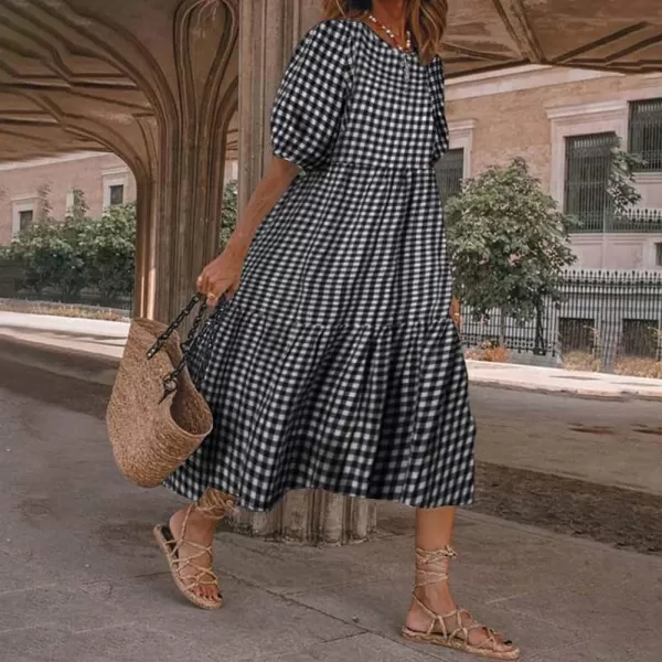 chouyatou Womens Retro Lantern Puff Sleeve Plaid Dress Gingham Swing Tiered Midi Long DressPlaid Black