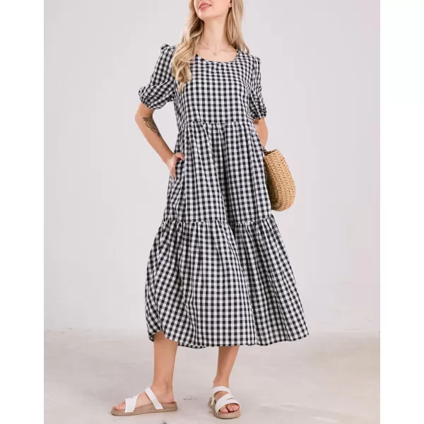 chouyatou Womens Retro Lantern Puff Sleeve Plaid Dress Gingham Swing Tiered Midi Long DressPlaid Black