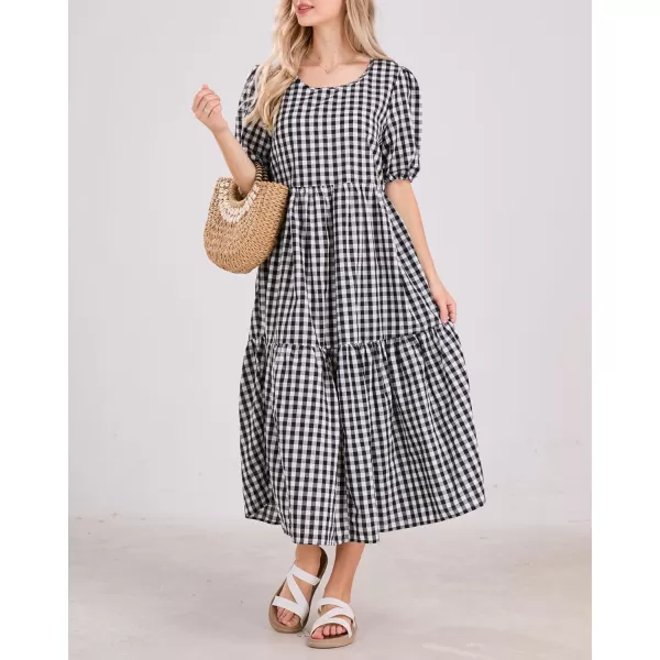 chouyatou Womens Retro Lantern Puff Sleeve Plaid Dress Gingham Swing Tiered Midi Long DressPlaid Black