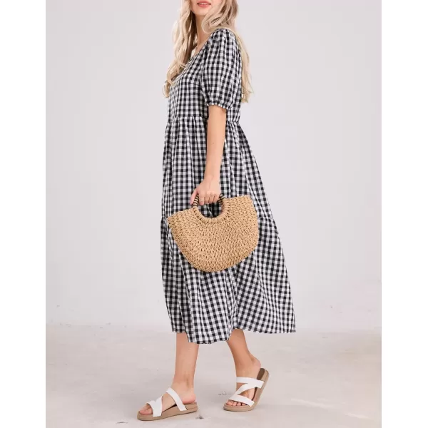 chouyatou Womens Retro Lantern Puff Sleeve Plaid Dress Gingham Swing Tiered Midi Long DressPlaid Black