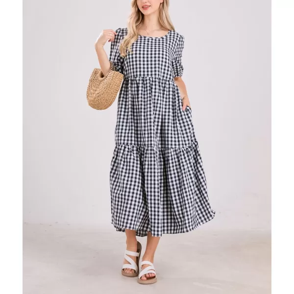 chouyatou Womens Retro Lantern Puff Sleeve Plaid Dress Gingham Swing Tiered Midi Long DressPlaid Navy