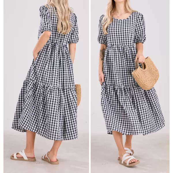 chouyatou Womens Retro Lantern Puff Sleeve Plaid Dress Gingham Swing Tiered Midi Long DressPlaid Navy