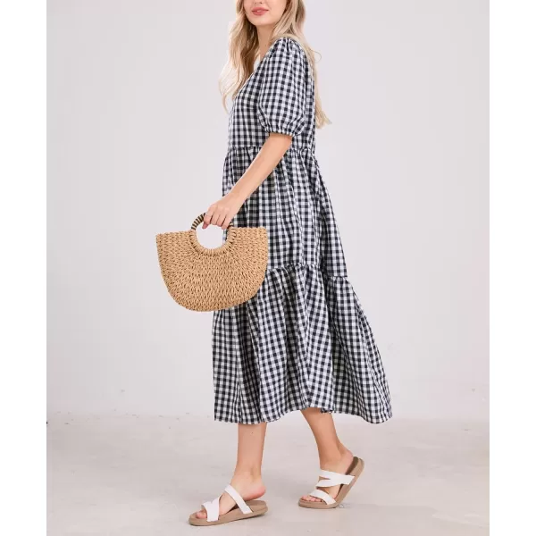 chouyatou Womens Retro Lantern Puff Sleeve Plaid Dress Gingham Swing Tiered Midi Long DressPlaid Navy