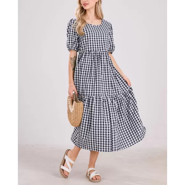 chouyatou Womens Retro Lantern Puff Sleeve Plaid Dress Gingham Swing Tiered Midi Long DressPlaid Navy