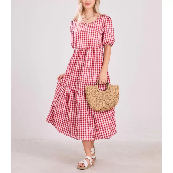 chouyatou Womens Retro Lantern Puff Sleeve Plaid Dress Gingham Swing Tiered Midi Long DressPlaid Red