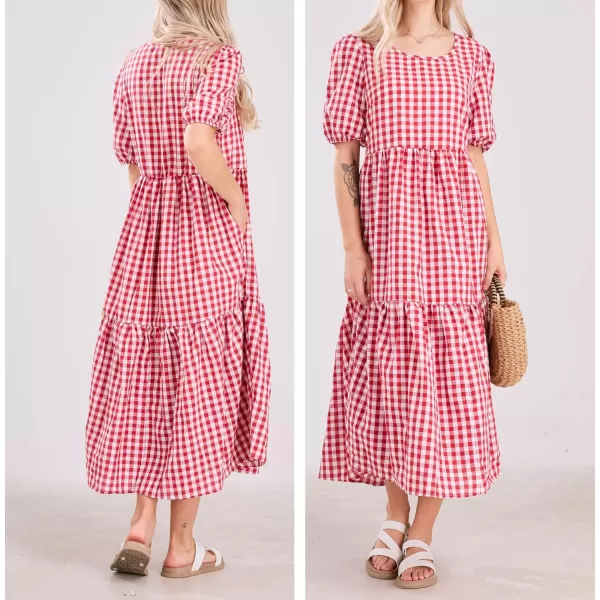 chouyatou Womens Retro Lantern Puff Sleeve Plaid Dress Gingham Swing Tiered Midi Long DressPlaid Red