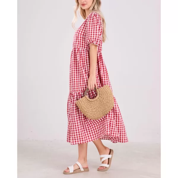 chouyatou Womens Retro Lantern Puff Sleeve Plaid Dress Gingham Swing Tiered Midi Long DressPlaid Red