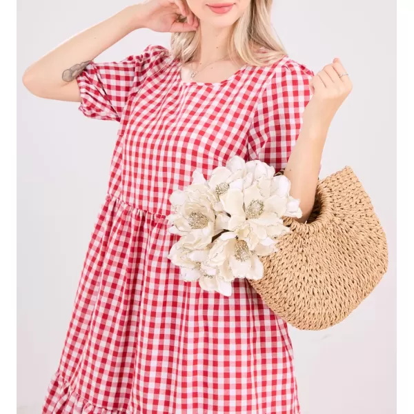 chouyatou Womens Retro Lantern Puff Sleeve Plaid Dress Gingham Swing Tiered Midi Long DressPlaid Red