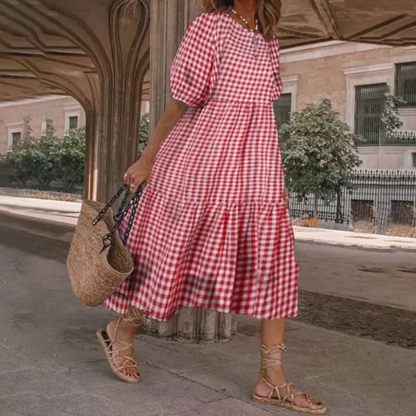 chouyatou Womens Retro Lantern Puff Sleeve Plaid Dress Gingham Swing Tiered Midi Long DressPlaid Red