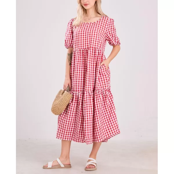chouyatou Womens Retro Lantern Puff Sleeve Plaid Dress Gingham Swing Tiered Midi Long DressPlaid Red