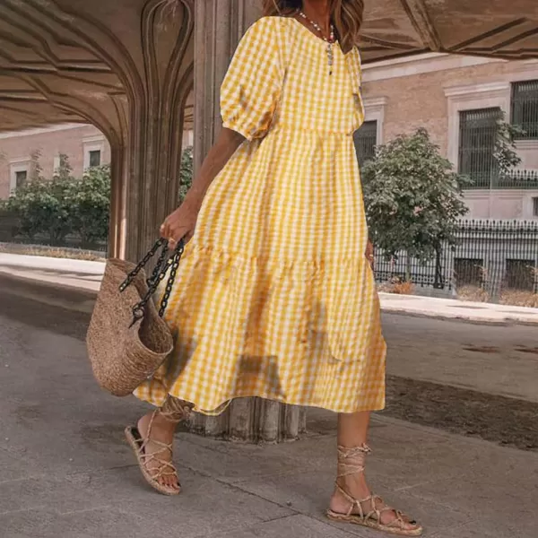 chouyatou Womens Retro Lantern Puff Sleeve Plaid Dress Gingham Swing Tiered Midi Long DressPlaid Yellow