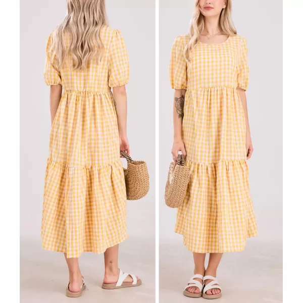 chouyatou Womens Retro Lantern Puff Sleeve Plaid Dress Gingham Swing Tiered Midi Long DressPlaid Yellow