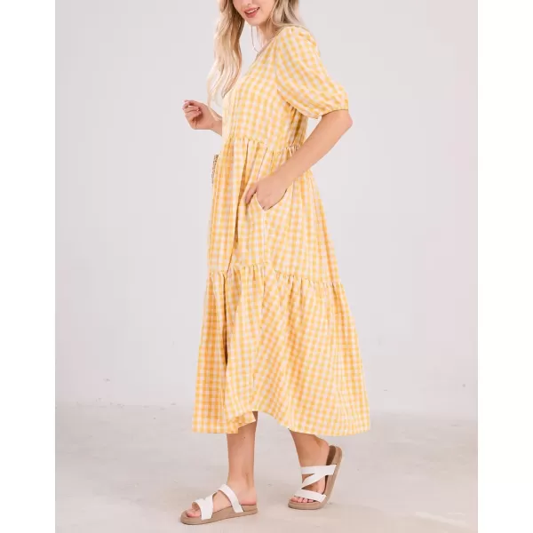 chouyatou Womens Retro Lantern Puff Sleeve Plaid Dress Gingham Swing Tiered Midi Long DressPlaid Yellow