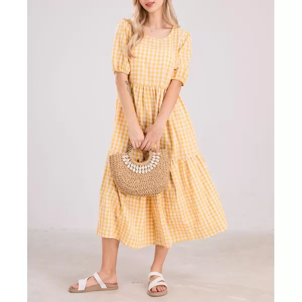 chouyatou Womens Retro Lantern Puff Sleeve Plaid Dress Gingham Swing Tiered Midi Long DressPlaid Yellow