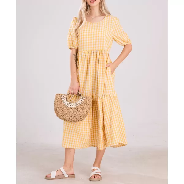 chouyatou Womens Retro Lantern Puff Sleeve Plaid Dress Gingham Swing Tiered Midi Long DressPlaid Yellow