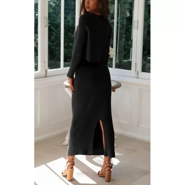 chouyatou Womens Ribbed Sweater Sets Crop Top and Maxi Bodycon Skirt Sets 2 Piece OutfitsBlack