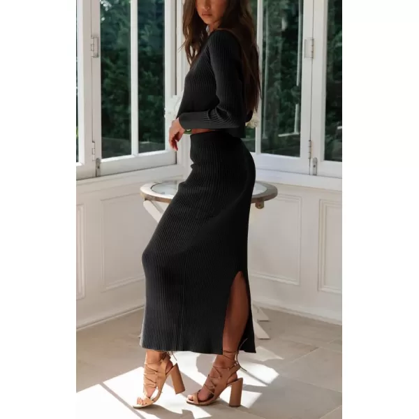 chouyatou Womens Ribbed Sweater Sets Crop Top and Maxi Bodycon Skirt Sets 2 Piece OutfitsBlack