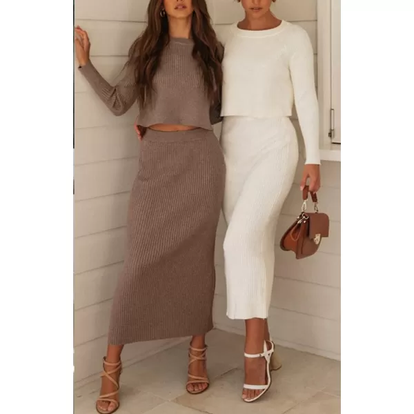 chouyatou Womens Ribbed Sweater Sets Crop Top and Maxi Bodycon Skirt Sets 2 Piece OutfitsBrown