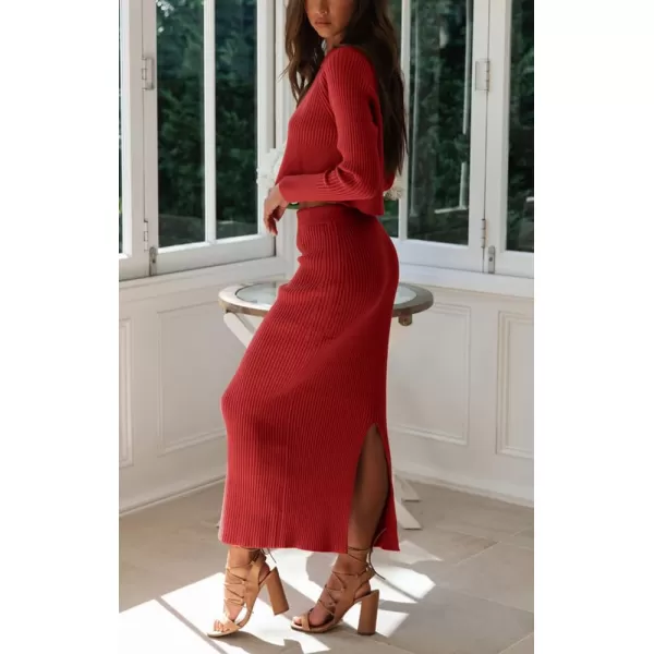 chouyatou Womens Ribbed Sweater Sets Crop Top and Maxi Bodycon Skirt Sets 2 Piece OutfitsRed