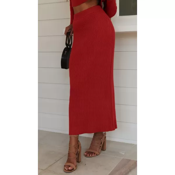 chouyatou Womens Ribbed Sweater Sets Crop Top and Maxi Bodycon Skirt Sets 2 Piece OutfitsRed