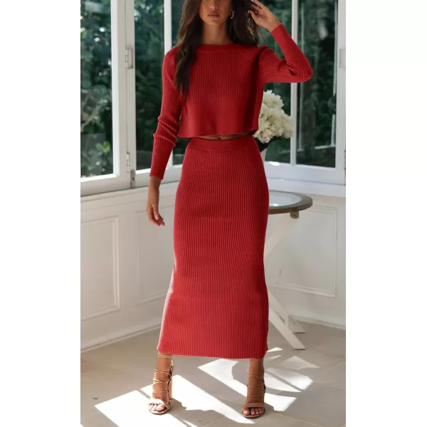 chouyatou Womens Ribbed Sweater Sets Crop Top and Maxi Bodycon Skirt Sets 2 Piece OutfitsRed