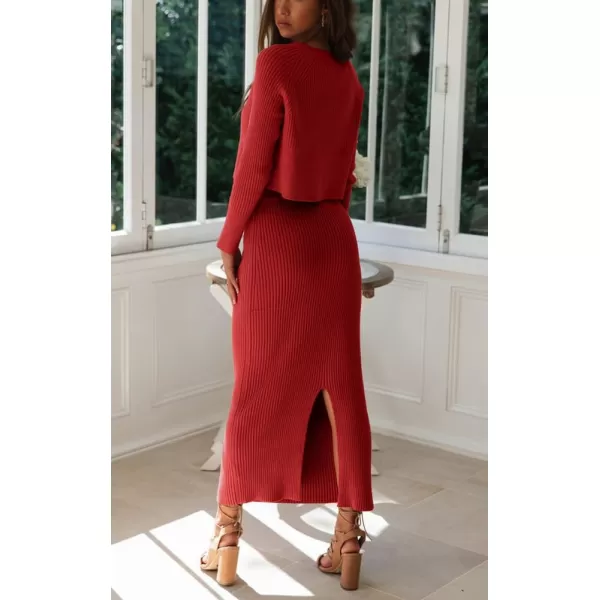 chouyatou Womens Ribbed Sweater Sets Crop Top and Maxi Bodycon Skirt Sets 2 Piece OutfitsRed