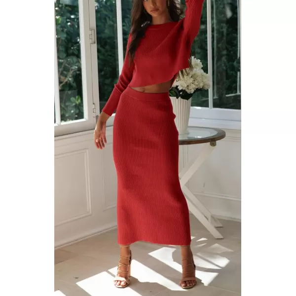 chouyatou Womens Ribbed Sweater Sets Crop Top and Maxi Bodycon Skirt Sets 2 Piece OutfitsRed