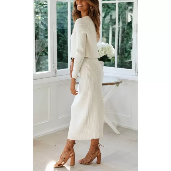 chouyatou Womens Ribbed Sweater Sets Crop Top and Maxi Bodycon Skirt Sets 2 Piece OutfitsWhite