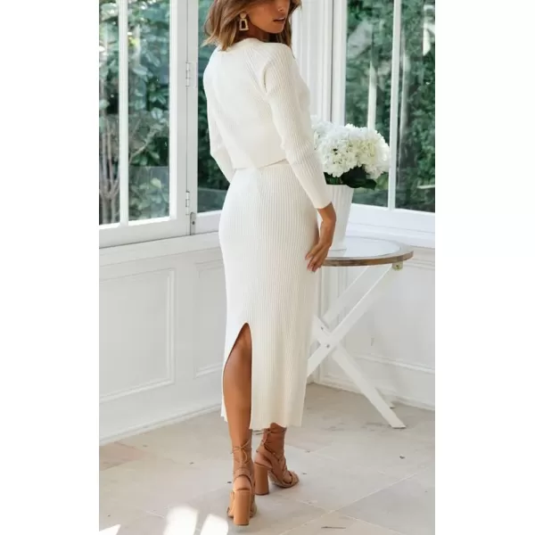 chouyatou Womens Ribbed Sweater Sets Crop Top and Maxi Bodycon Skirt Sets 2 Piece OutfitsWhite