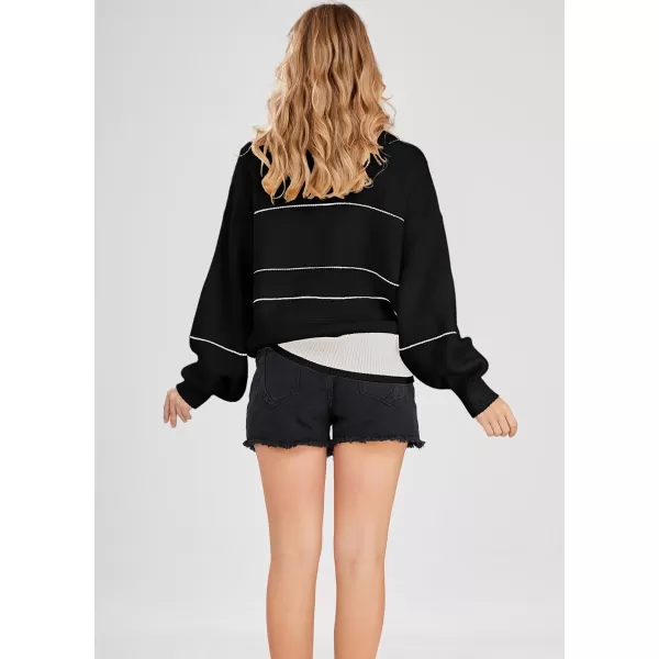 chouyatou Womens Slouchy Waffle Knit Sweater 12 Button Polo Collared Pullover Striped Sweater TopsBlack