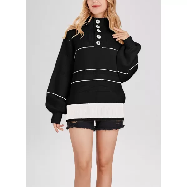 chouyatou Womens Slouchy Waffle Knit Sweater 12 Button Polo Collared Pullover Striped Sweater TopsBlack