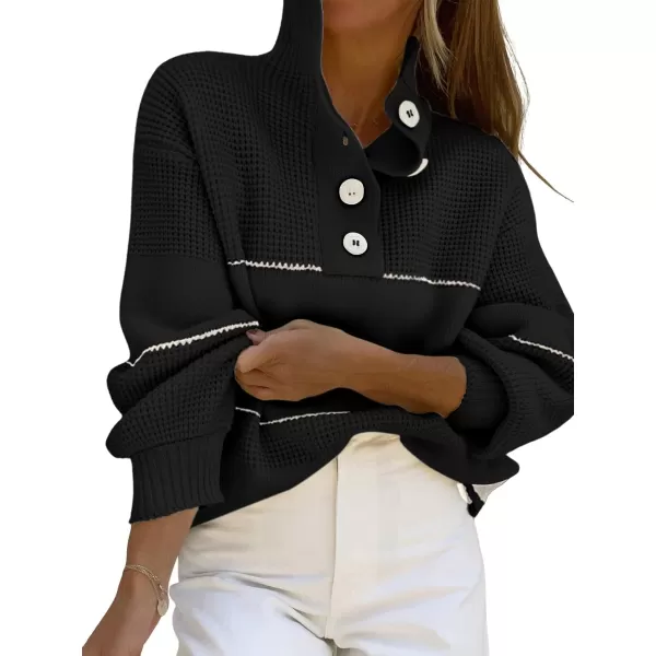chouyatou Womens Slouchy Waffle Knit Sweater 12 Button Polo Collared Pullover Striped Sweater TopsBlack