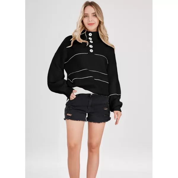 chouyatou Womens Slouchy Waffle Knit Sweater 12 Button Polo Collared Pullover Striped Sweater TopsBlack