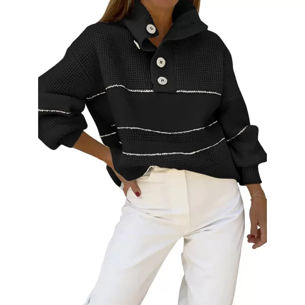 chouyatou Womens Slouchy Waffle Knit Sweater 12 Button Polo Collared Pullover Striped Sweater TopsBlack