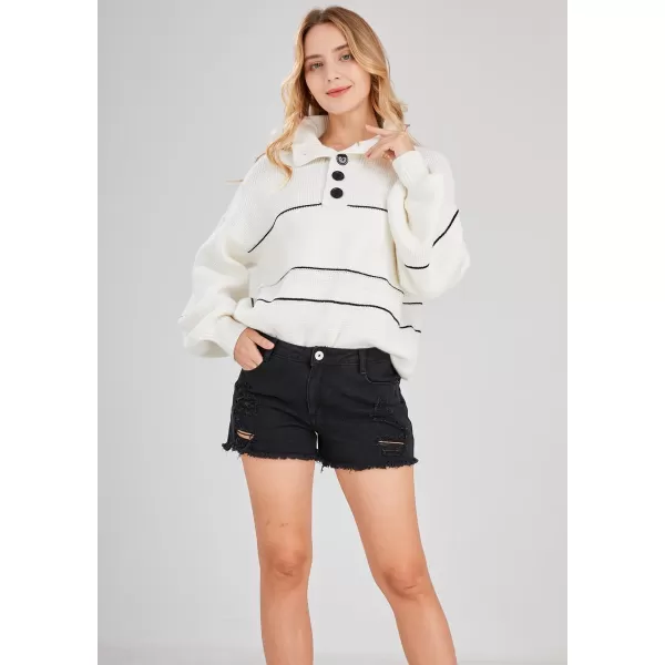 chouyatou Womens Slouchy Waffle Knit Sweater 12 Button Polo Collared Pullover Striped Sweater TopsWhite