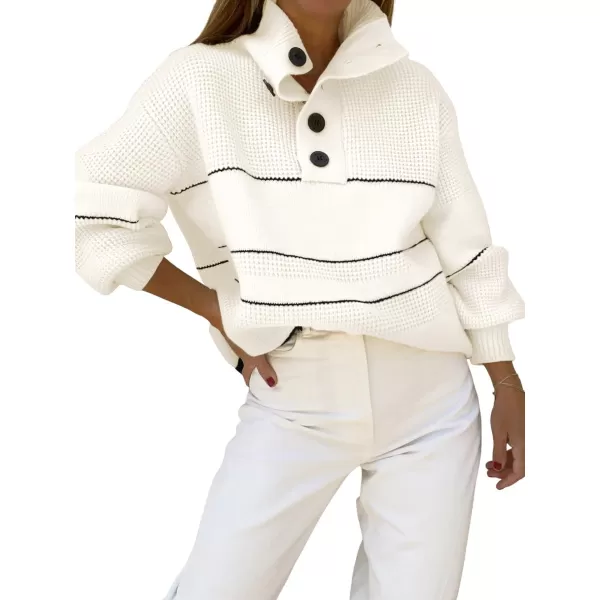 chouyatou Womens Slouchy Waffle Knit Sweater 12 Button Polo Collared Pullover Striped Sweater TopsWhite