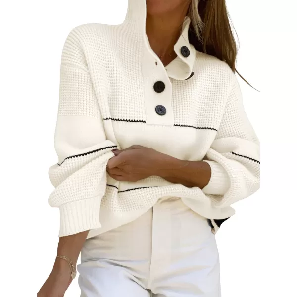 chouyatou Womens Slouchy Waffle Knit Sweater 12 Button Polo Collared Pullover Striped Sweater TopsWhite