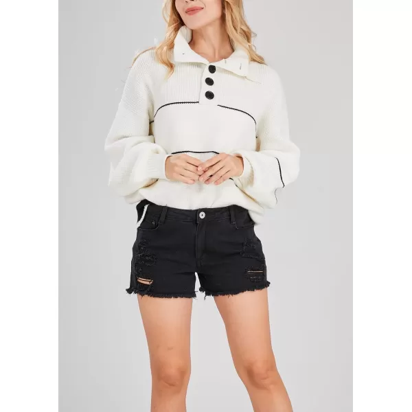 chouyatou Womens Slouchy Waffle Knit Sweater 12 Button Polo Collared Pullover Striped Sweater TopsWhite