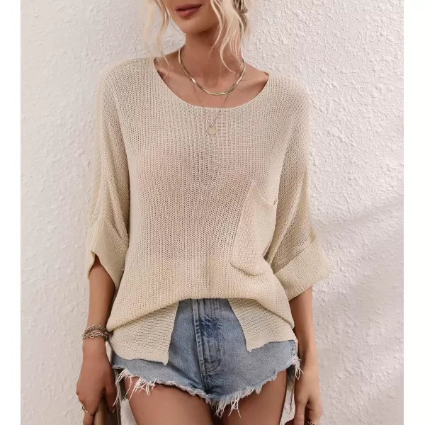 chouyatou Womens Spring Oversized Short Sleeve Crochet Sweater Top Beach Summer TShirtApricot