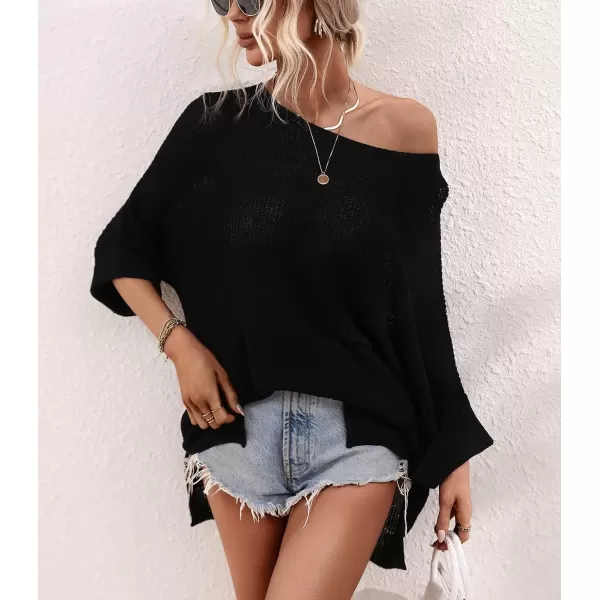 chouyatou Womens Spring Oversized Short Sleeve Crochet Sweater Top Beach Summer TShirtBlack