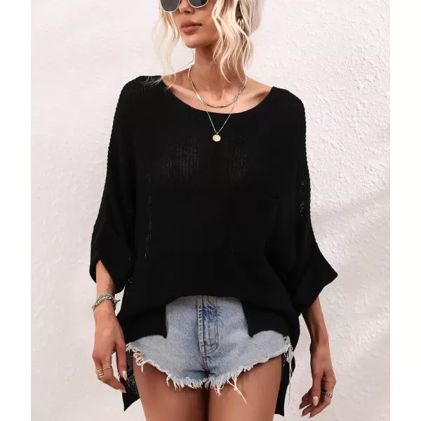 chouyatou Womens Spring Oversized Short Sleeve Crochet Sweater Top Beach Summer TShirtBlack