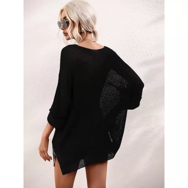 chouyatou Womens Spring Oversized Short Sleeve Crochet Sweater Top Beach Summer TShirtBlack
