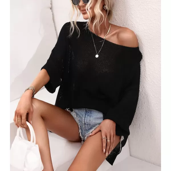 chouyatou Womens Spring Oversized Short Sleeve Crochet Sweater Top Beach Summer TShirtBlack