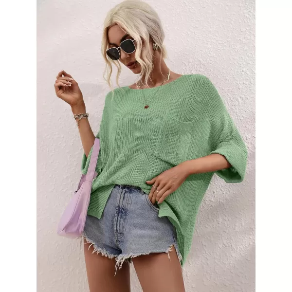 chouyatou Womens Spring Oversized Short Sleeve Crochet Sweater Top Beach Summer TShirtGreen