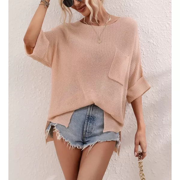 chouyatou Womens Spring Oversized Short Sleeve Crochet Sweater Top Beach Summer TShirtPink