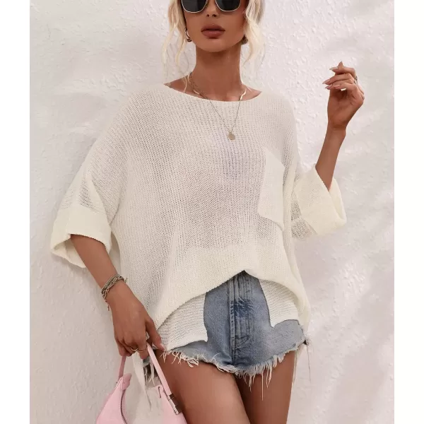 chouyatou Womens Spring Oversized Short Sleeve Crochet Sweater Top Beach Summer TShirtWhite